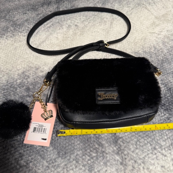 Juicy Couture Black Faux Fur Licorice Flap Crossbody with Pom Pom & Crown Charm - Picture 9 of 9